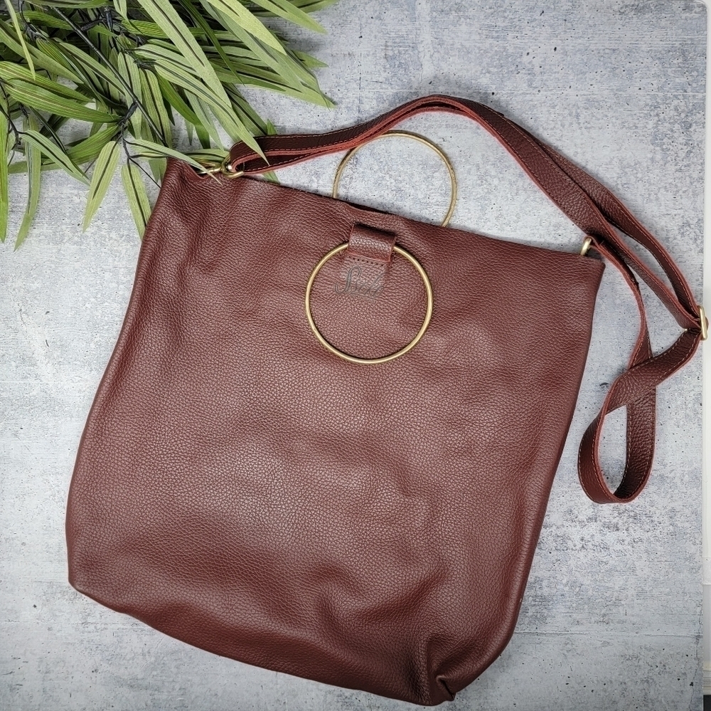 Sseko Burgundy Brown Adjustable Strap Ring Handle Leather Bag